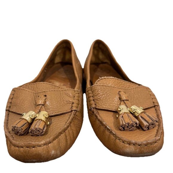 Tory Burch Camel PENNIE LOAFERS Pebble Leather Gold Slip-On Career‎ Womens 9M - Picture 2 of 13